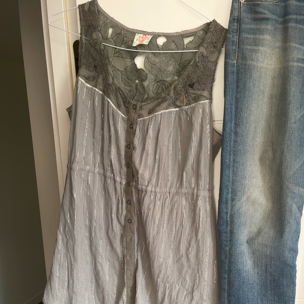 Free people top, large, grey with shimmer and lace